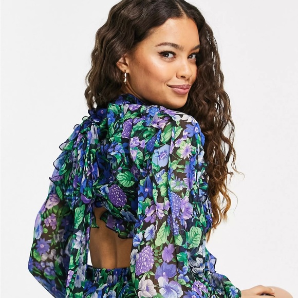 ASOS DESIGN Petite Ruffle Mini Dress Blue Floral Lace Up Back Size 2P - Picture 2 of 7